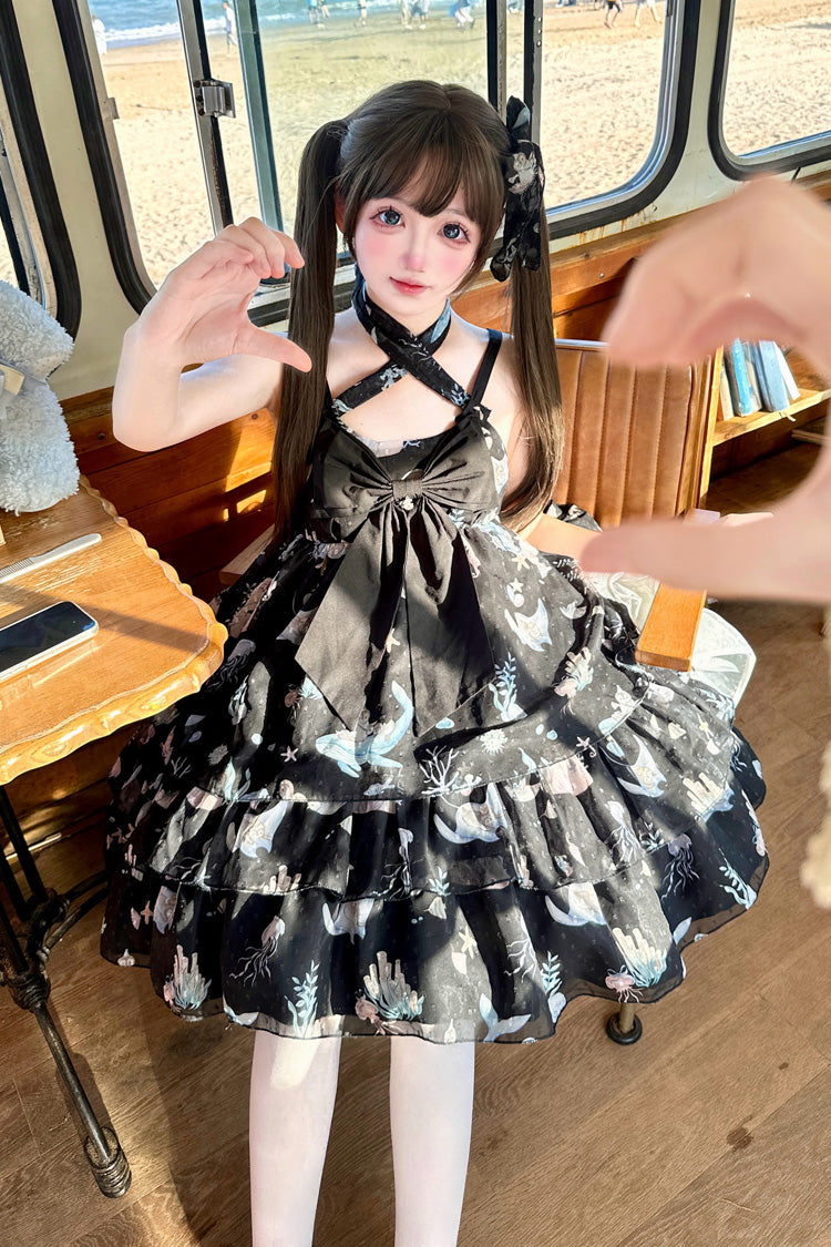 [Ocean Sweetheart] Halterneck Sleeveless Triple-Layered Printed Ruffled Bow Lace Sweet Lolita Strap Dress 5 Colors