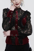 Red Velvet High Neck Lace Fake Bra Design Splicing Three-Dimensional Butterfly Mesh Women's Gothic Shirt