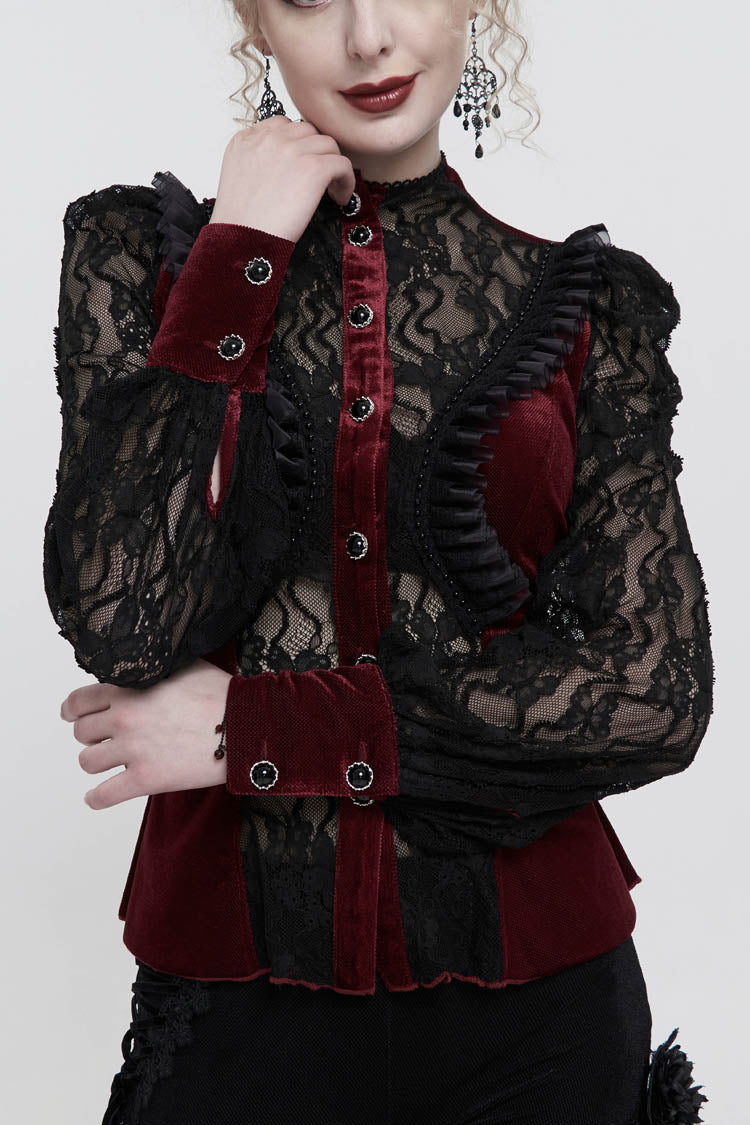 Red Velvet High Neck Lace Fake Bra Design Splicing Three-Dimensional Butterfly Mesh Women's Gothic Shirt