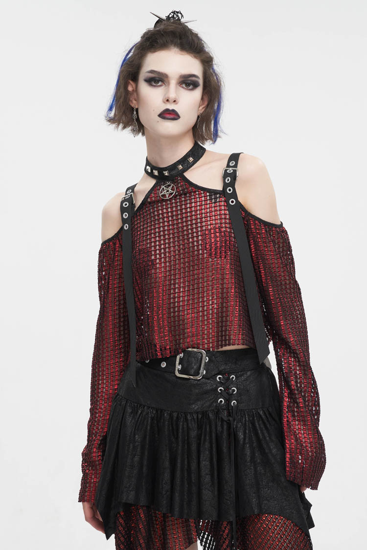 Red Off Shoulder Buckle Sheer Crop Women's Gothic Shirt