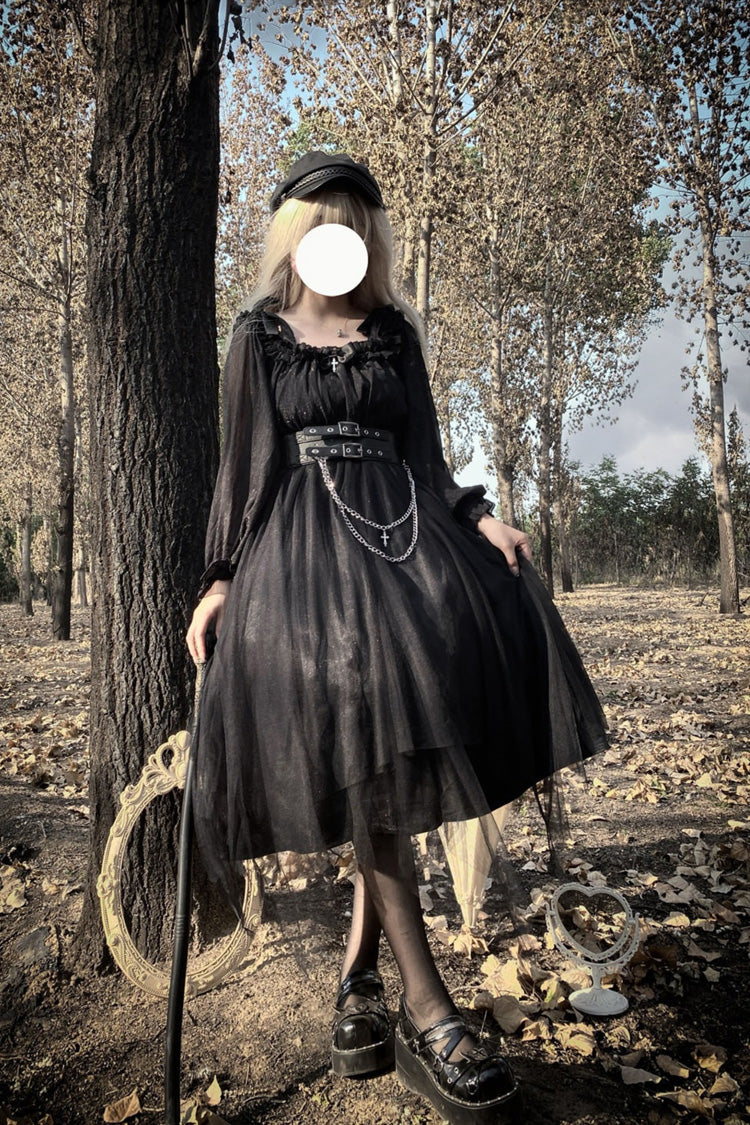 Black Long Sleeves Ruffle Bowknot Stitching Lace Gothic Plus Size Lolita Dress