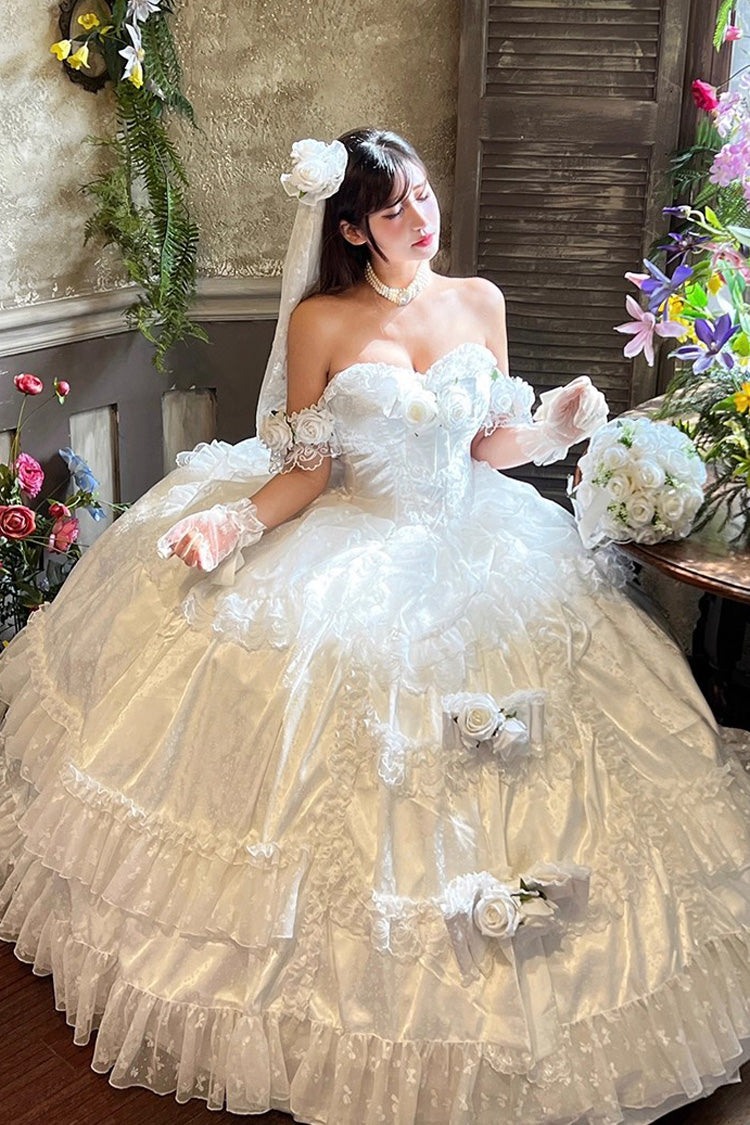 White [Love and Roses] Ruffle Hanayome Bowknot Lace Sweet Princess Lolita Jsk Dress