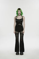Black Off Shoulder Slim Ripped Buckled Women's Punk Spiders&Web Printed  Vest