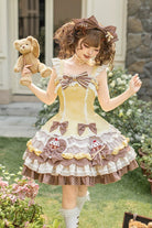 Yellow/Brown [Polka Dot Cake] Multi-Layered Printed Ruffled Bow Sweet Lolita JSK Dress