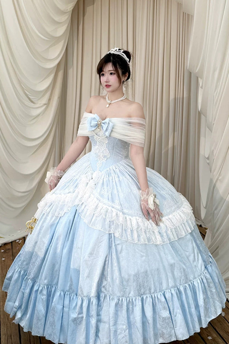 Blue [Midnight Magic at Twelve] Sleeveless Ruffled Hanayome Bow Lace Pearl-Decorated Princess Sweet Lolita Dress
