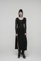 Black Round Collar Long Sleeves Cut-Out Lace-Up Slim Buckled Chain-Decorated Eyelet Women's Punk Cool Dress