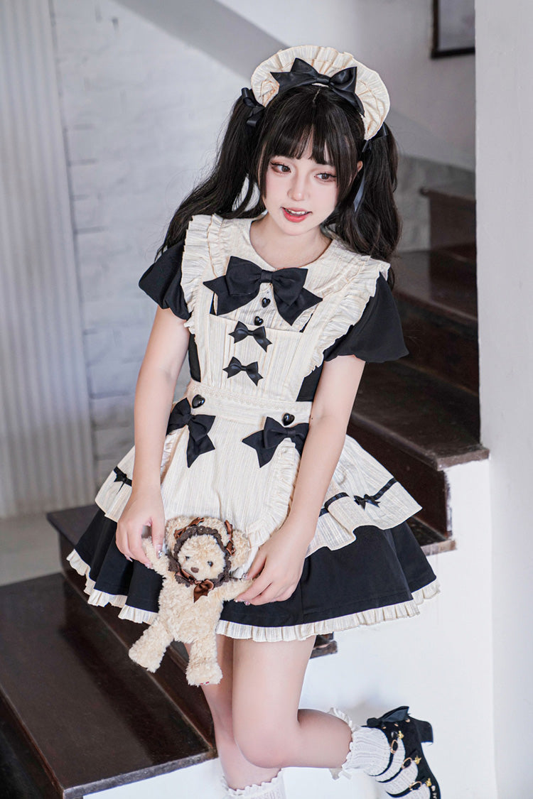 Black Lapel Collar Short Sleeves Ruffled Bow Sweet Elegant Maid Halloween Lolita Dress