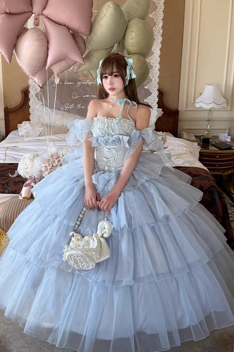 Blue [Mousse Love Song] Sleeveless Multi-Layered Ruffled Hanayome Bow Sweet Lolita Dress