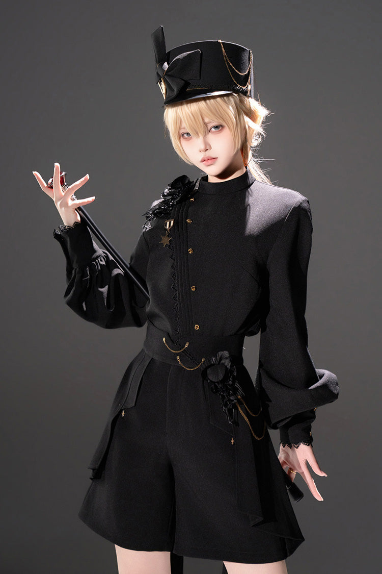 Black [Will of the Rose] Round Collar Long Sleeves Asymmetric Gothic Vintage Elegant Knight Prince Ouji Lolita Blouse Shorts Set