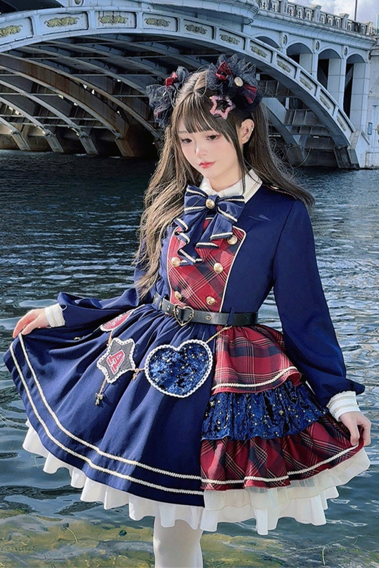 Red/Dark Blue [Starlight Academy Style] Long Sleeves Printed Ruffled Spliced Asymmetric Faux Two-Piece Sweet Lolita Dress