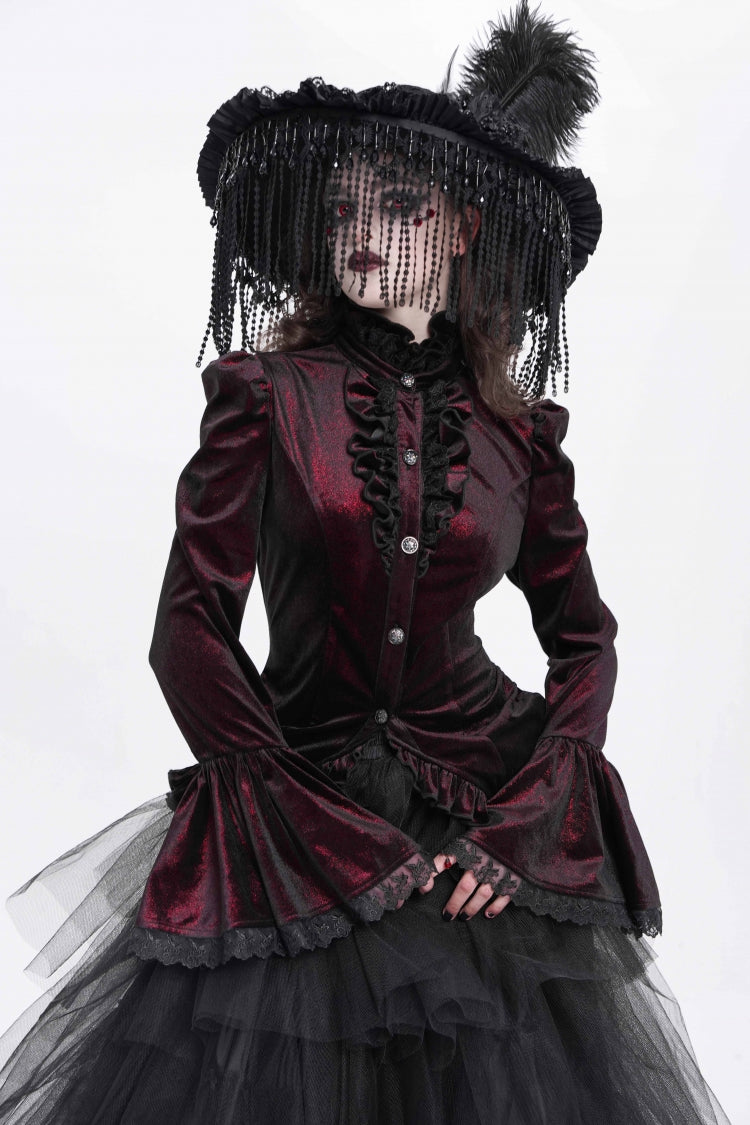 Red Stand Collar Long Trumpet Sleeves Ruffle Swallow-tailed Women's Gothic Blouse