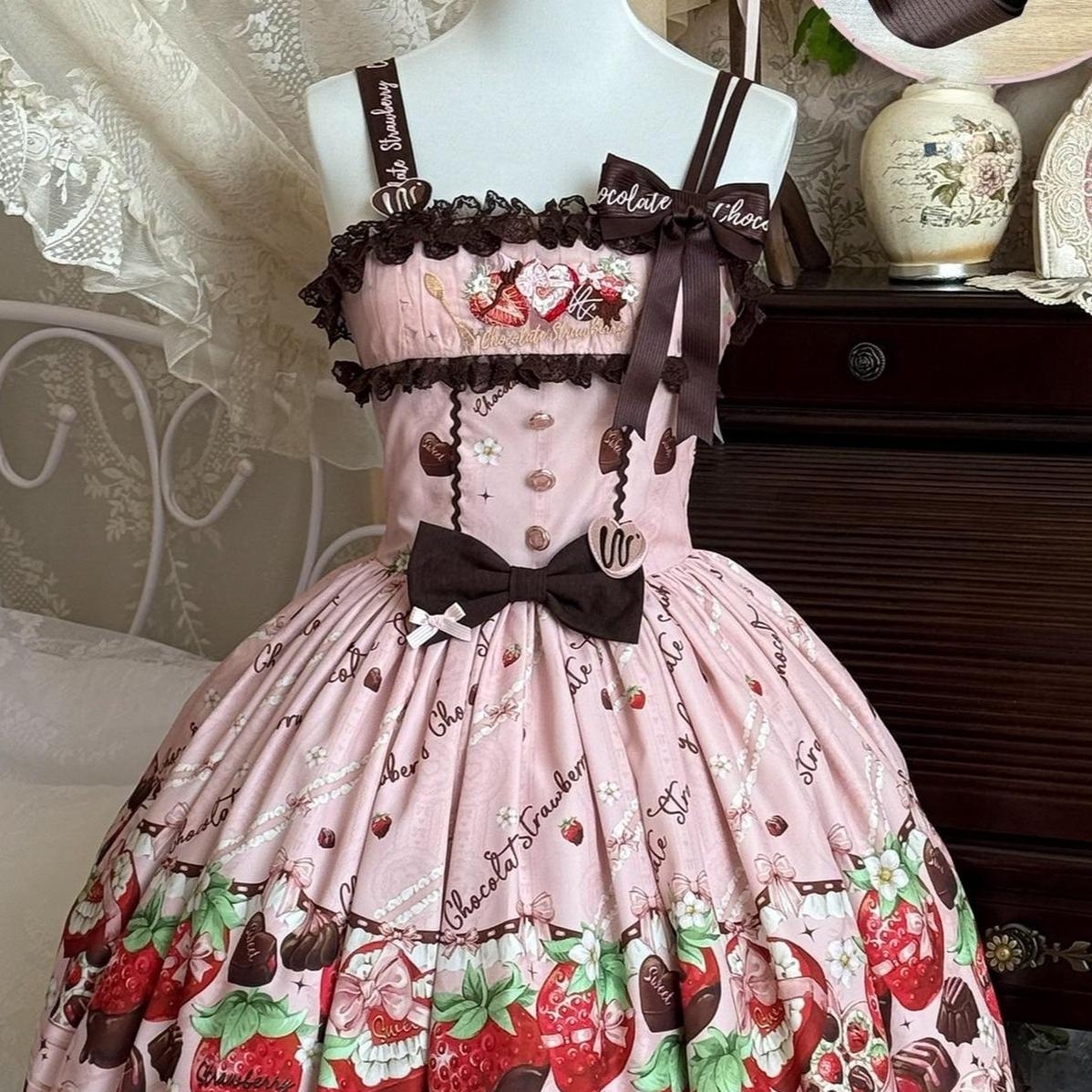 Strawberry Chocolate Lovers - Kawaii Lolita Embroidered Printed Dress
