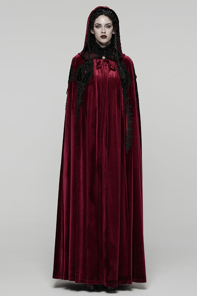 Red Floral Embroidery Diamante Velvet Hooded Women's Gothic Cloak