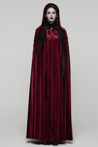 Red Floral Embroidery Diamante Velvet Hooded Women's Gothic Cloak