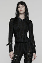 Black Long Sleeves Hooded Ripped Buckled Strappy Women's Punk T-Shirt