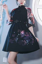 Black Stand Collar Hundred Ghosts Night Walk Colorful Print Short Sleeves High Waisted Sweet Lolita Dress