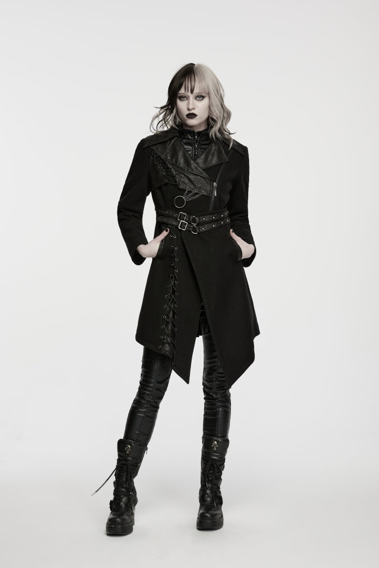 Black Lapel Collar Long Sleeves Patchwork Lace-Up Asymmetric Buckled Women's Punk Cool Coat