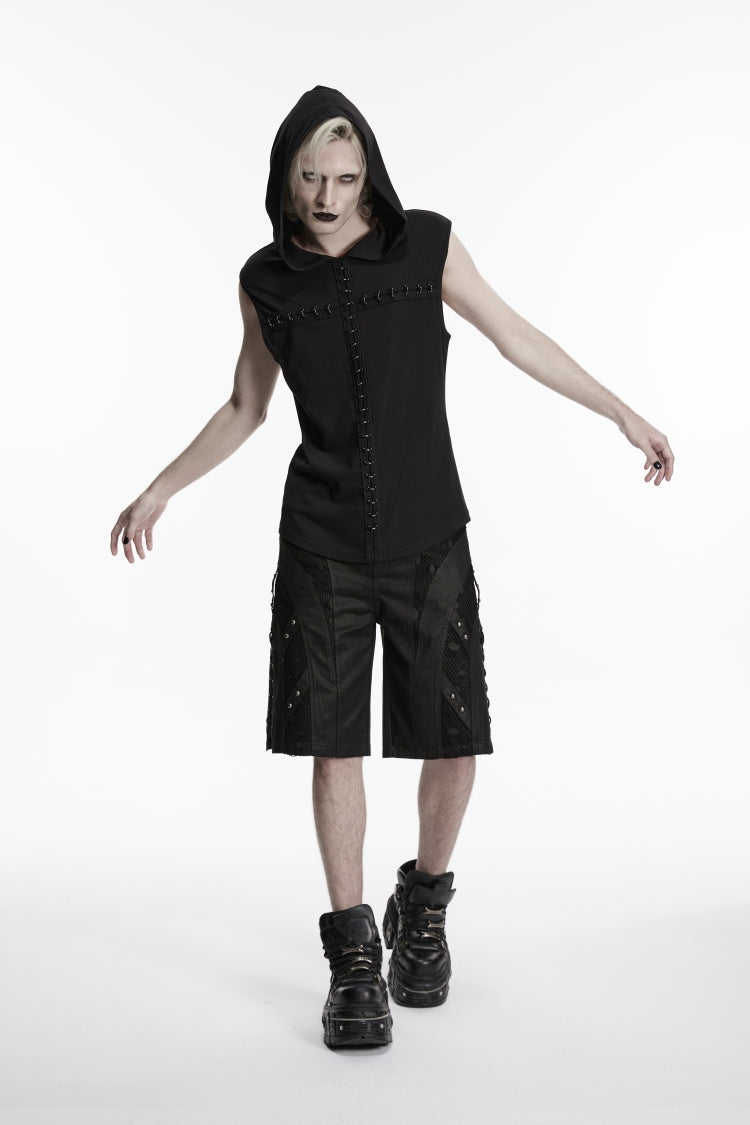 Black Lace-Up Studded Eyelet Men's Punk Cool Shorts