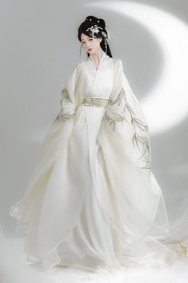 White [Bamboo Leaves] V Collar Trumpet Sleeves High Waisted Embroidered Women's Classic Hanfu Dress Set