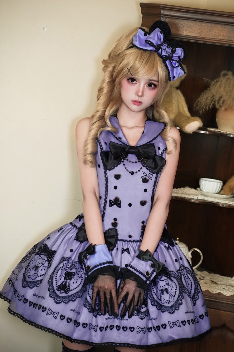 Purple [Sugar Bear] Halterneck Sleeveless Embroidered Bow Sweet Lolita Dress