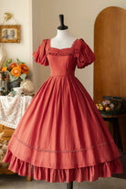 Red [Forest Gallery] Square Collar Short Sleeves Ruffled Bow Classic Vintage Elegant Lolita Dress