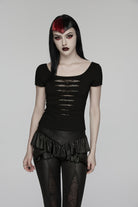Black Round Collar Short Sleeves Slim Sheer Ripped Studded Women's Punk T-Shirt