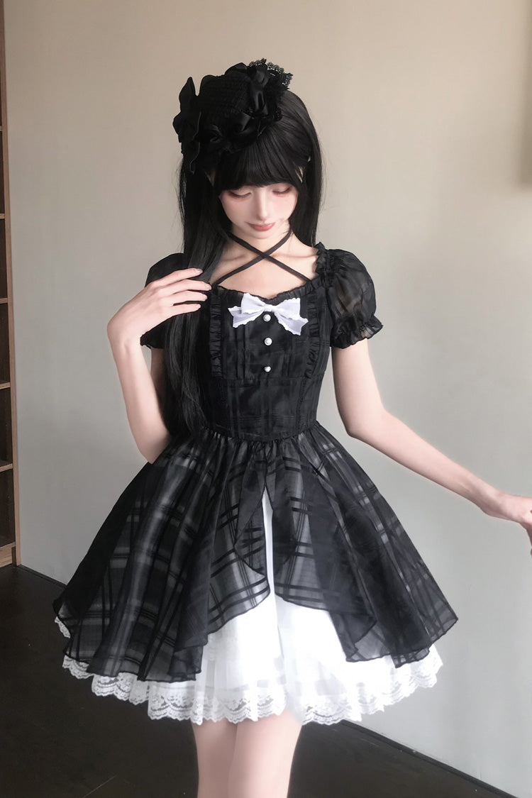 Black/White Square Collar Short Puff Sleeves Plaid Printed Ruffled Bow Lace Sweet Princess Lolita Dress