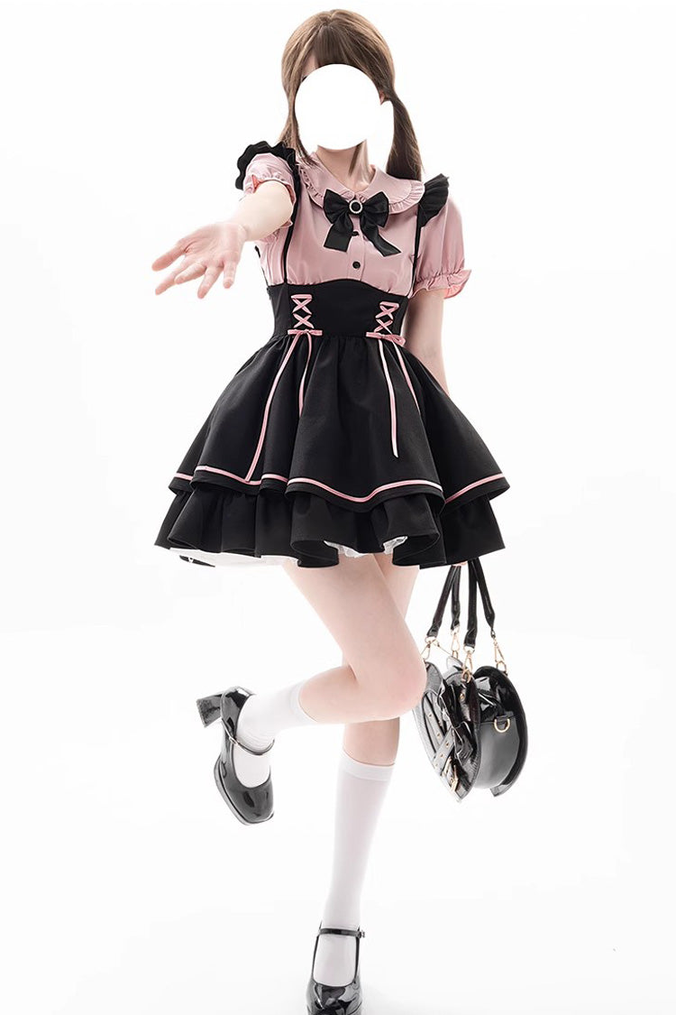 Black/Pink First Sakura Short Sleeves Multi-layer Lace-Up Sweet Jirai Kei Japanese Set