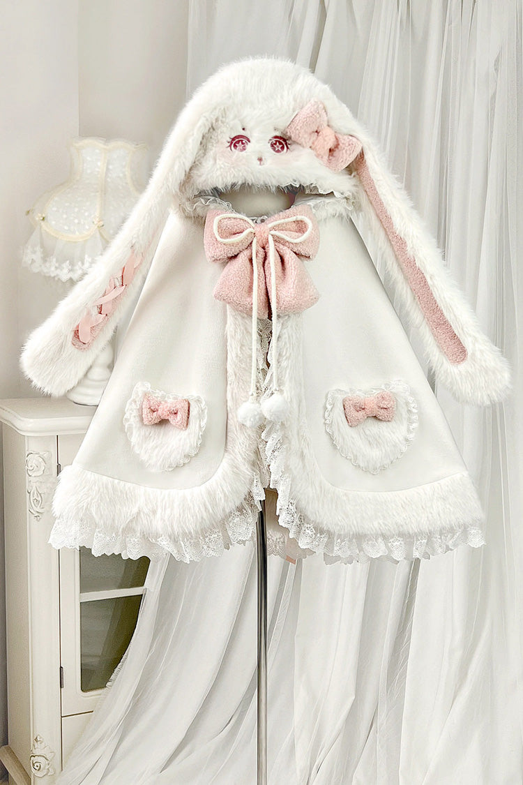 Ivory Cloud-Like Plush Bunny Ear Embroidered Bow Lace Sweet Lolita Cape Coat