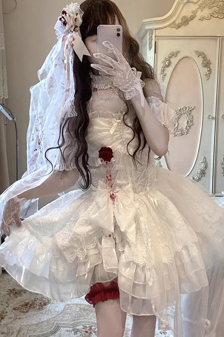 White [Blood Kiss Bride] Halterneck Multi-Layered Ruffle Hanayome Bowknot Lace Gothic Lolita Jsk Dress