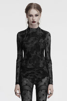Grey Moon Print Mesh Ruched Women's Gothic Blouse