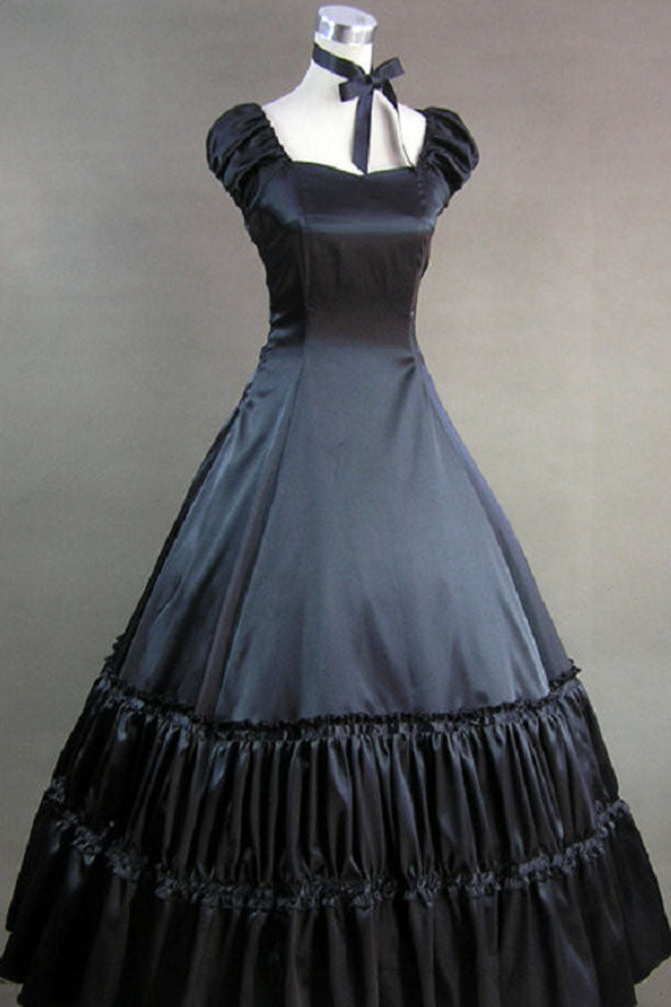 Black Cotton Square Collar Cap Sleeves Floor Length Victorian Gothic Lolita Dress