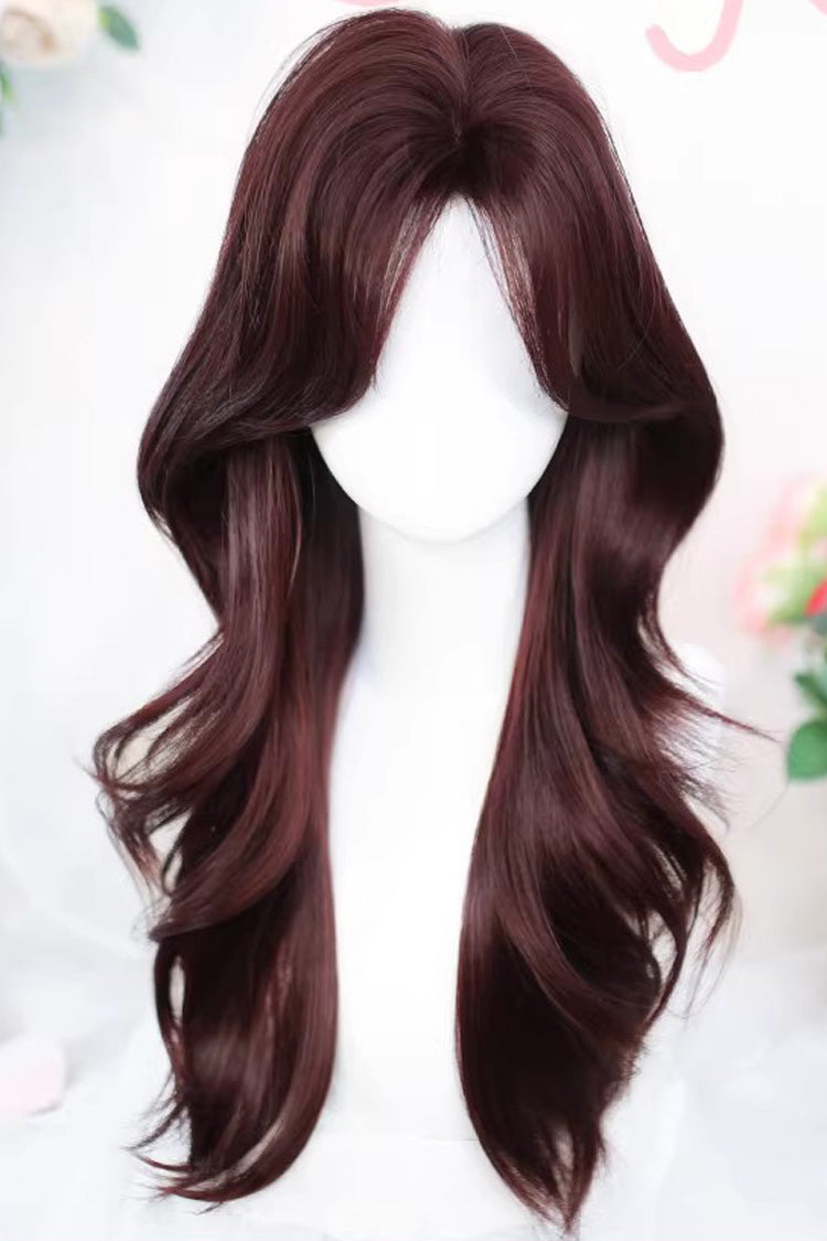 Wine Red Curtain Bangs Soft Long Curls Sweet Lolita Wig