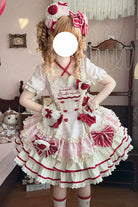 Pink [Sweetheart Strawberry Bunny] Square Collar Short Sleeves Triple-Layered Printed Ruffled Bow Sweet Lolita Dress