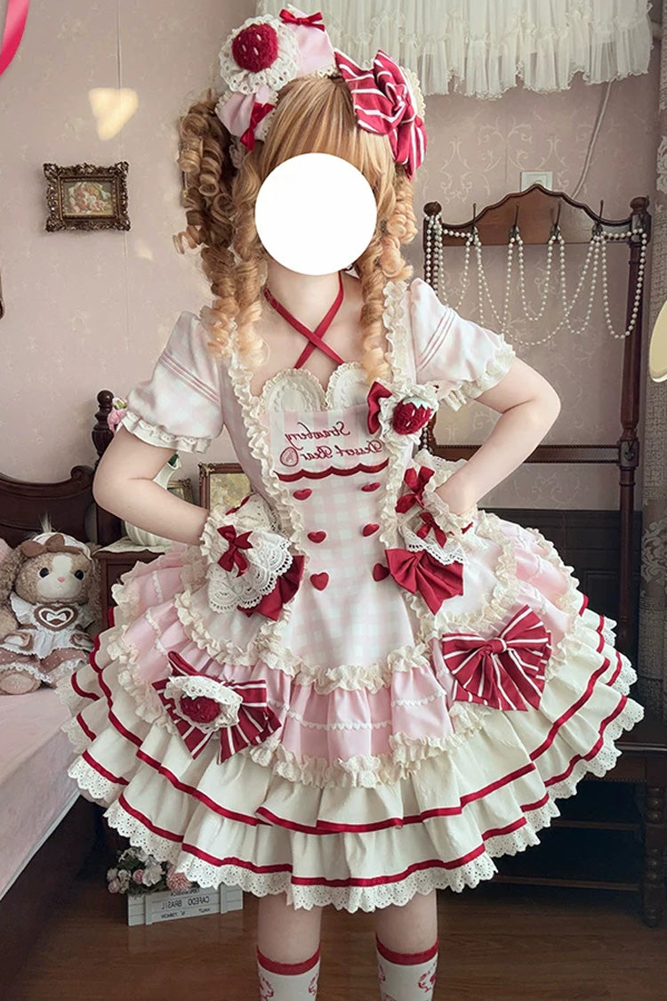 Pink [Sweetheart Strawberry Bunny] Square Collar Short Sleeves Triple-Layered Printed Ruffled Bow Sweet Lolita Dress