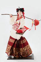 Red/Apricot V Collar Lantern Sleeves High Waisted Print Hot Stamping Women's Sweet Classic Hanfu Two Piece