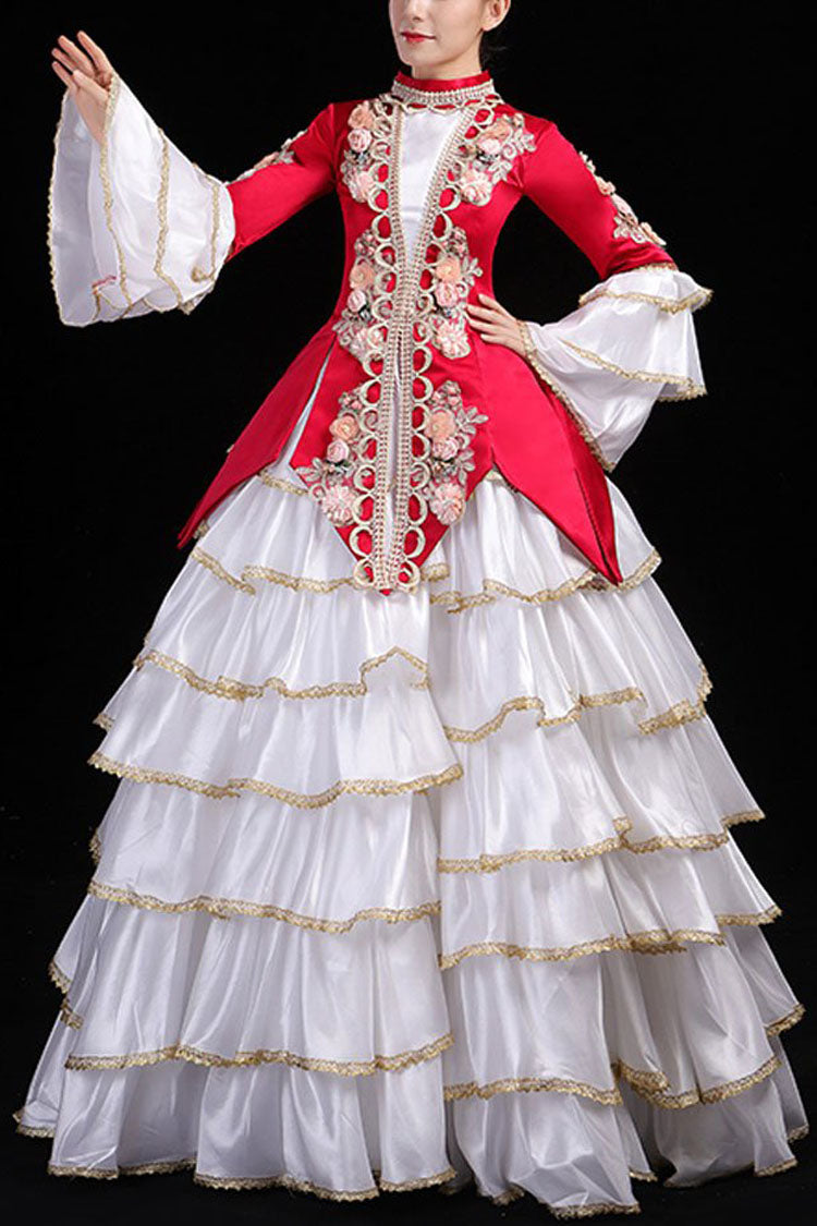 Multi-Layer Hime Sleeves High Waisted Three Dimensional Flower Print Victorian Lolita Prom Tiered Dress