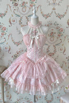 Pink Tube Top Sleeveless Blowknot Ruffled Sweet Lolita Tiered Dress
