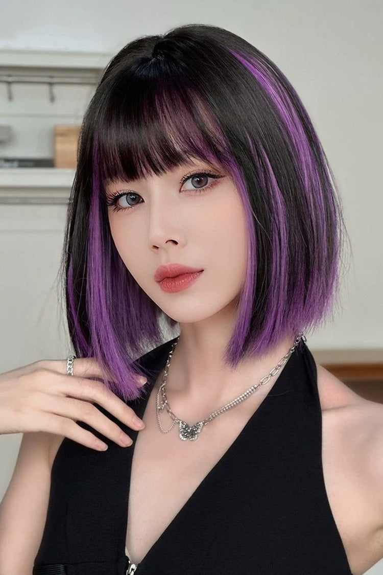Y2K Black Base Purple Face Framing Highlights Straight Bob Sweet Lolita Wig with Blunt Bangs