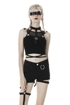 Black Halterneck Spliced Mesh Strappy Buckle Eyelet Harness Women's Punk Midriff-Baring Tank Top