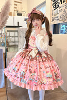 Pink [Bunny Tea Party] Sleeveless Print Ruffle Bowknot Daily Sweet Lolita Jsk Dress