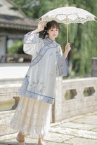 Blue [Flower Room] Stand Collar Long Sleeves High Waisted Printed Embroidered Women's Sweet Classic Hanfu Dress Set