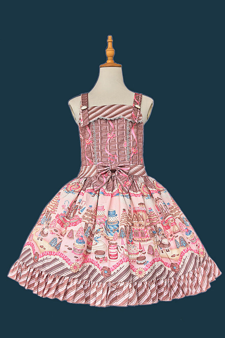 Brown/Pink  [Candy House] Square Collar Sleeveless Printed Ruffled Bow Sweet Lolita Strap Dress