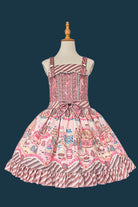 Brown/Pink  [Candy House] Square Collar Sleeveless Printed Ruffled Bow Sweet Lolita Strap Dress