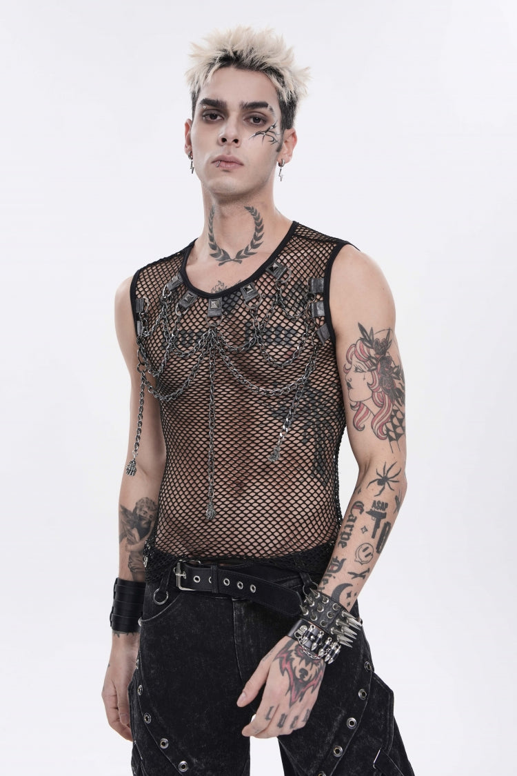 Black Round Collar Sleeveless Slim Sheer Mesh Studded Eyelet Men's Punk Handsome Vest
