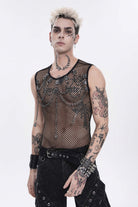 Black Round Collar Sleeveless Slim Sheer Mesh Studded Eyelet Men's Punk Handsome Vest