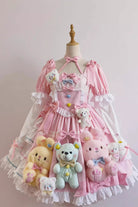 Pink Square Collar Print Doll Party Detachable Sleeves Ruffle Bowknot Sweet Princess Lolita Dress