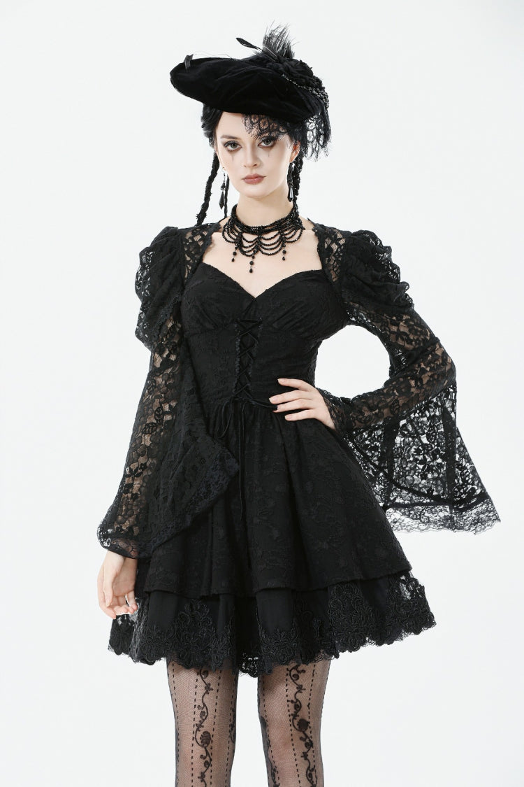 Black Trumpet Sleeves Jacquard Lace Lace-Up Women's Gothic Priness Dress Graduation Dress