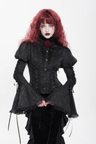 Black Stand Collar Long Puff Sleeves Floral Jacquard Lace-Up Women's Gothic Blouse