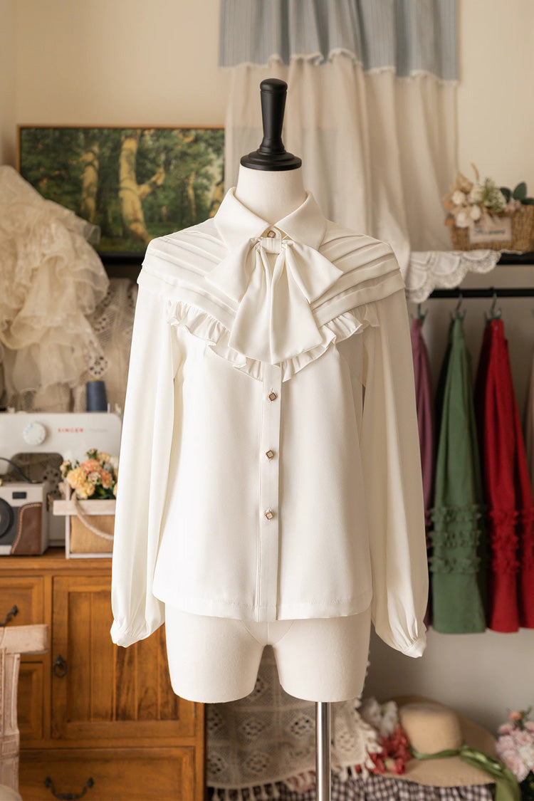 [Basket of the Forest] Lapel Collar Long Sleeves Ruffled Bow Classic Elegant Lolita Blouse 4 Colors